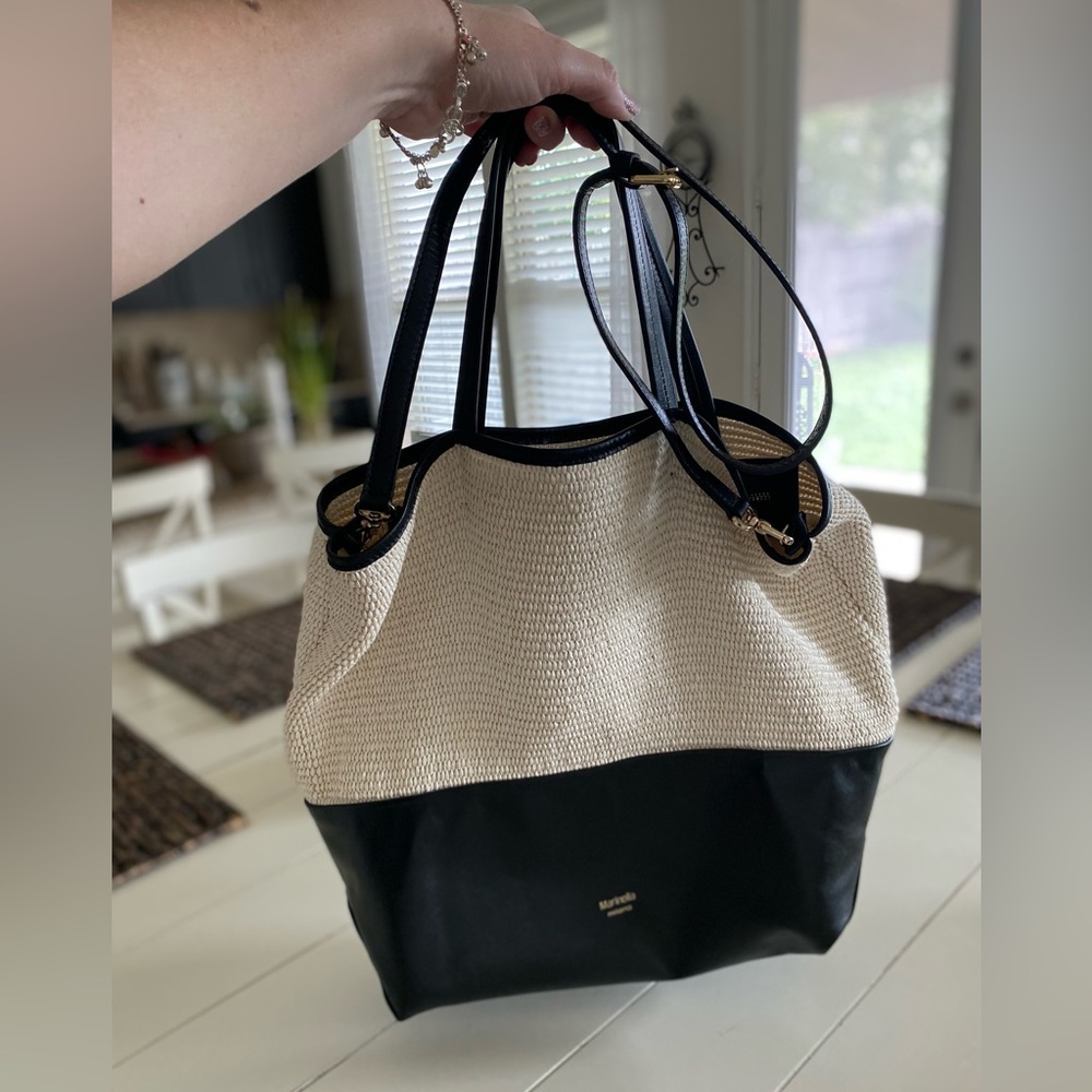 Marinella Milano Tote Purse Leather Cotton Woven Black And White Mint Condition